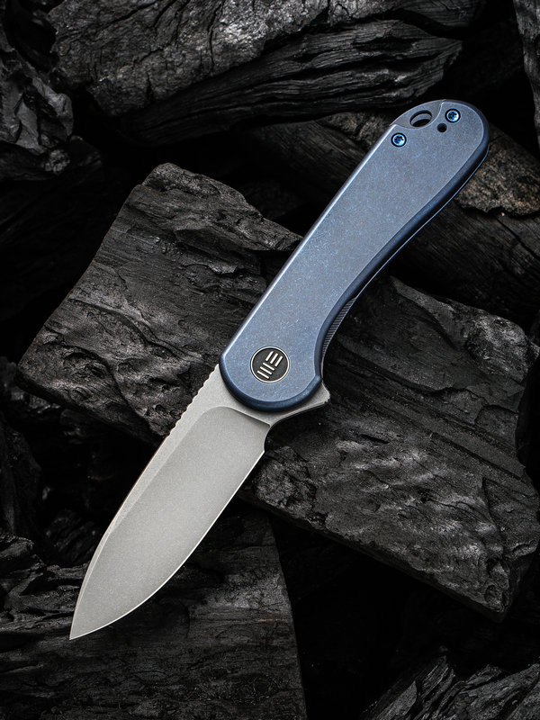 1639364264336635 We Knife Company Elementum Flipper Knife 2.96" CPM-20CV Stonewashed Drop Point Blade, Blue Titanium Handles - WE18062X-2 - Image 1
