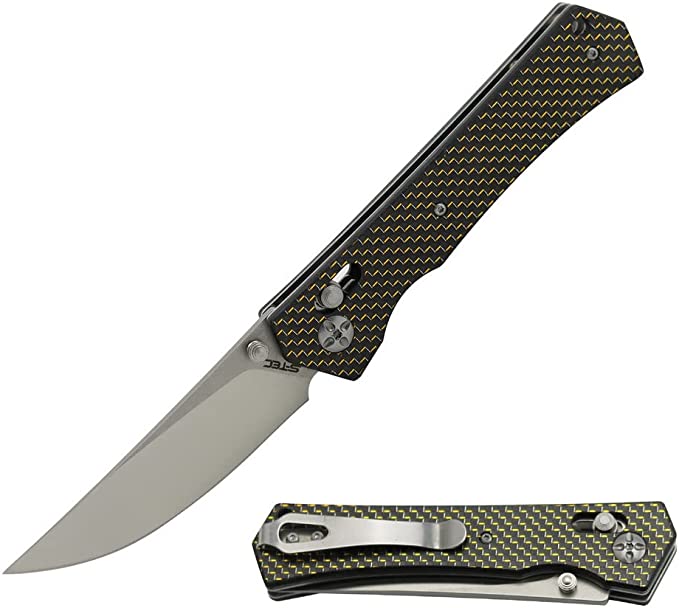 51ZrVDePYPL._AC_SX679_ S-TEC Axel Lock EDC Folding Pocket Knife with Carbon Fiber Gold Weave Inlay Handle & D2 Steel Blade - Series 2 (TS024) - Image 1