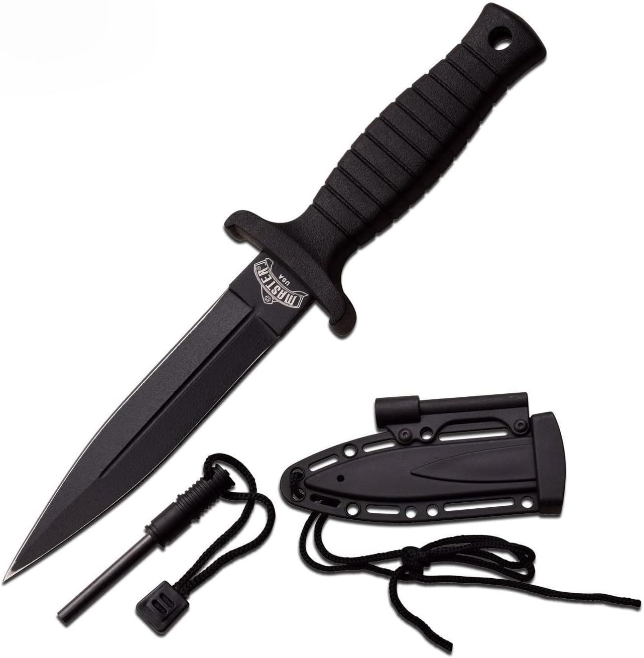 Full Tang Fixed Blade Neck Knife EDC Rescue Blade Sheath Flint Rod Fire Starter - MU1141BK