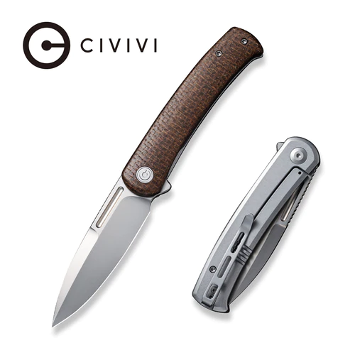 CIVIVI Cetos Flipper Knife Brown Micarta Coarse With Gray Steel Lock Side Handle (3.48" Silver Bead Blasted 14C28N) C21025B-1
