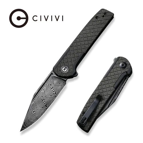CIVIVI Cachet Flipper Knife Diamond Patterned Black Steel Handle With Dark Green Canvas Micarta Inlay (3.48" Black Hand Rubbed Damascus) C20041B-DS1