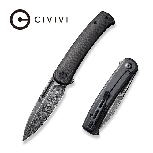 CIVIVI Cetos Flipper Knife Twill Carbon Fiber With Black Steel Lock Side Handle (3.48" Black Hand Rubbed Damascus) C21025B-DS1