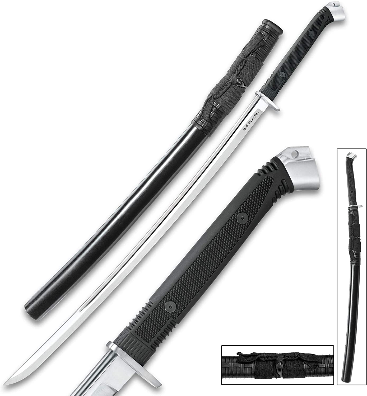 HONSHU BOSHIN KATANA - MODERN TACTICAL SAMURAI / NINJA SWORD - HAND FORGED 1060 CARBON STEEL - FULL TANG, FULLY FUNCTIONA - BLACK TPR, STEEL GUARD, POMMEL, LANYARD HOLE - UC3716
