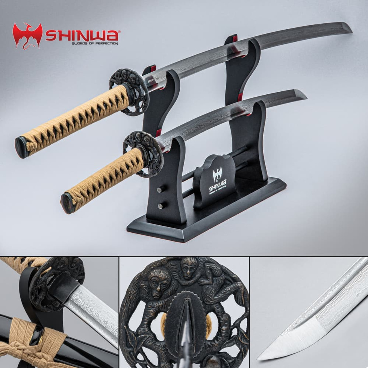 Shinwa Regal Makaku Sword Set - Katana, Wakizashi, Display Stand, Damascus Steel Blades, Genuine Rayskin
