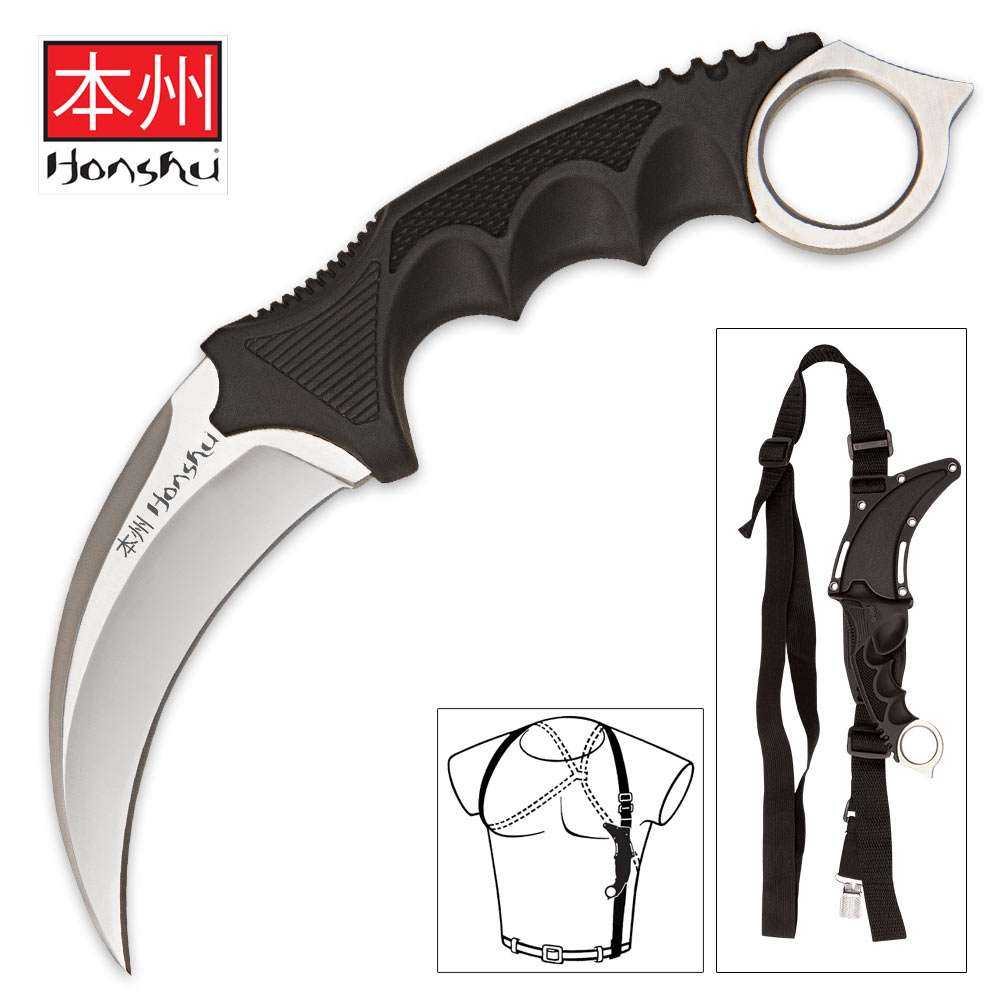 Silver Honshu Karambit With Shoulder Harness Sheath - UC2977
