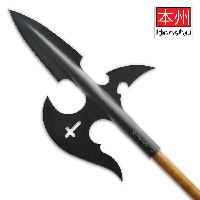 A17-UC3503 HONSHU HALBERD SPEAR- HIGH CARBON STEEL, BLACK OXIDE COATING, CROSS CUT-OUT ACCENT - LENGTH 19 3/5” - UC3503 - Image 1