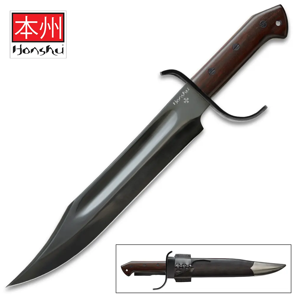 HONSHU HISTORIC FORGE PIONEER BOWIE KNIFE - 1075 CARBON STEEL BLADE, BLUED FINISH, HEARTWOOD HANDLE - LENGTH 17 3/4" - UC3545
