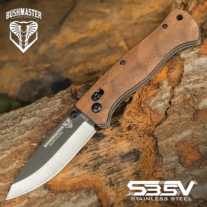 BUSHMASTER EXPLORER POCKET KNIFE - S35V STEEL BLADE, ZEBRA WOOD HANDLE SCALES, BALL BEARING PIVOT LOCK - CLOSED 4 3/8” - UC3441