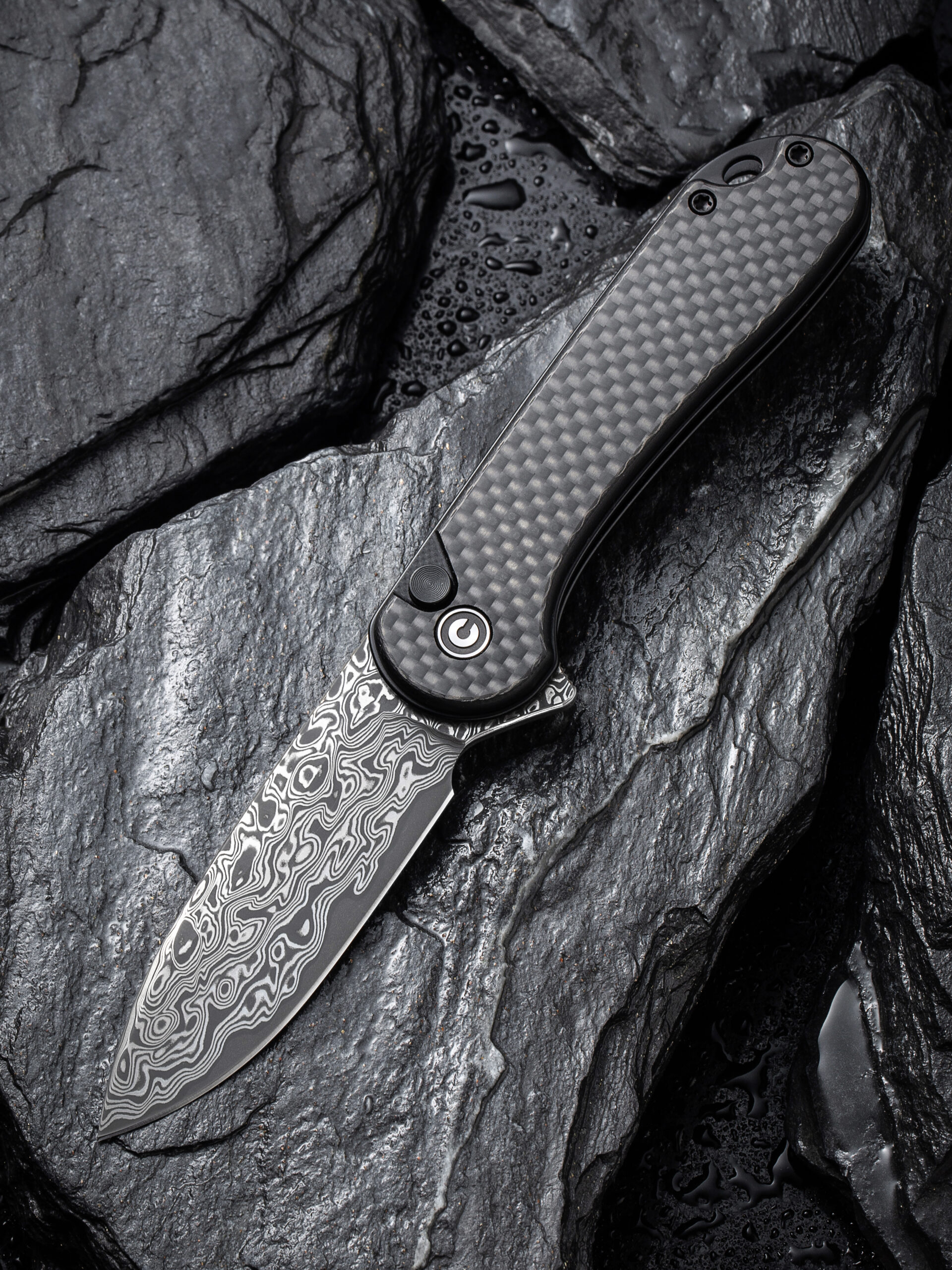 CIVIVI Button Lock Elementum II Pocket Knife Carbon Fiber Overlay On G10 Handle (2.96" Damascus Blade) C18062PB-DS1