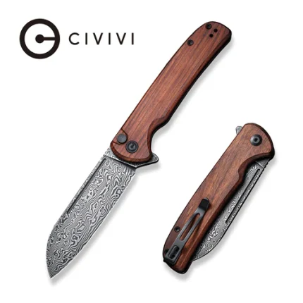CIVIVI Chevalier Button Lock and Flipper Opener Cuibourtia Wood Handle (3.46" Black Hand Rubbed Damascus) C20022-DS1