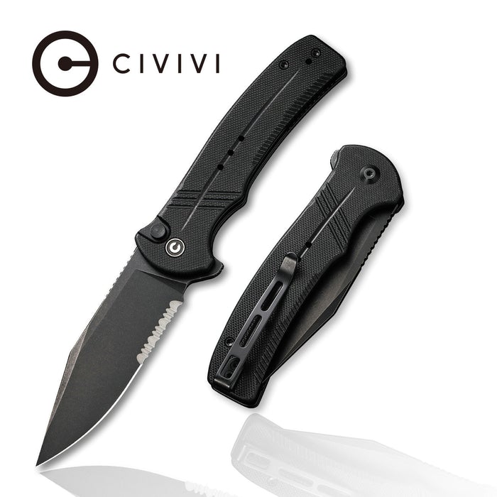 CIVIVI Cogent Pocket Knife with Button Lock and Flipper Opener - Black G10 handle (3.47" Black Stonewashed 14C28N With Half Serrated) C 20038E-1