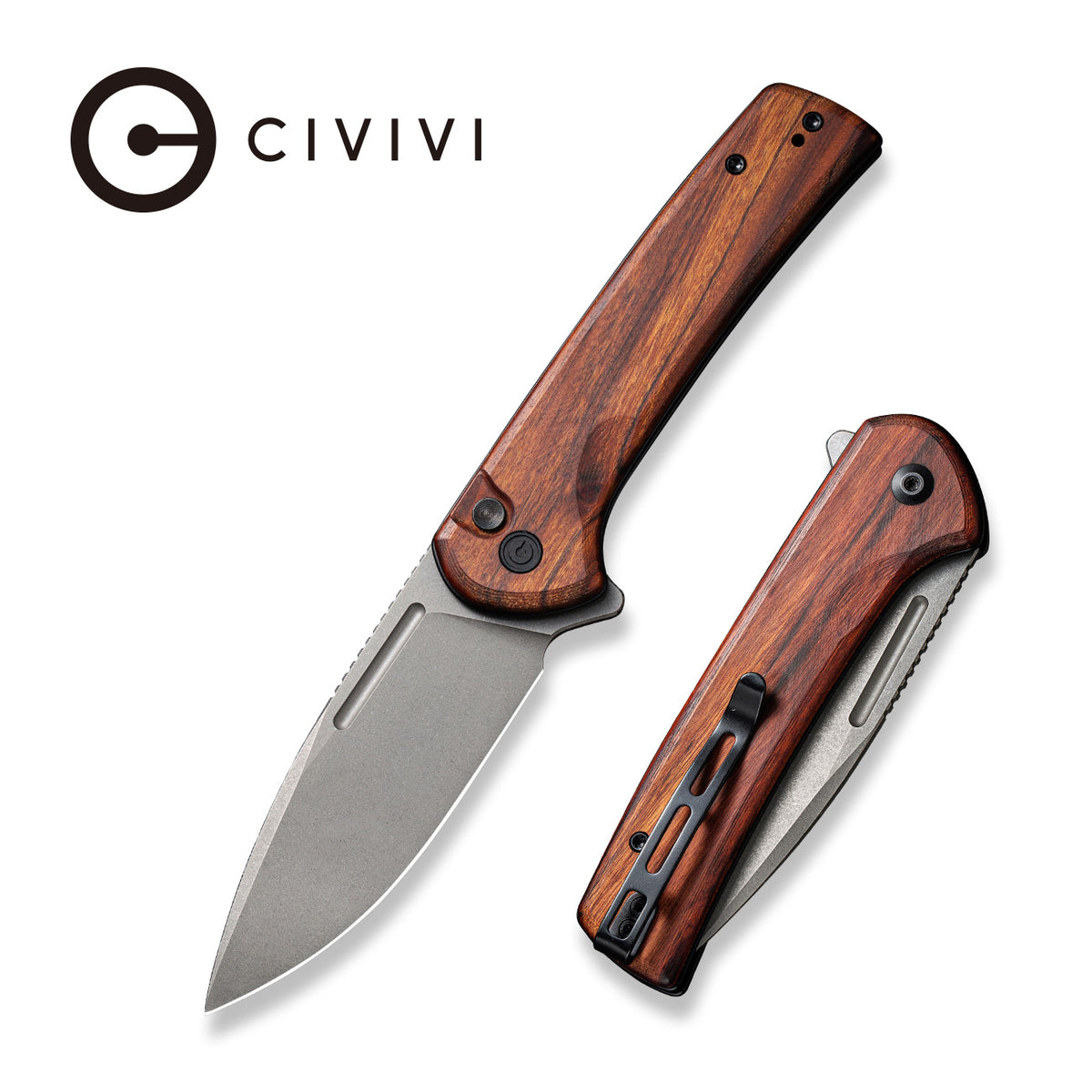 CIVIVI Conspirator Pocket Knife with Button Lock and Flipper Opener Cuibourtia Wood Handle (3.47'' Gray Stonewashed Nitro-V) C21006-3