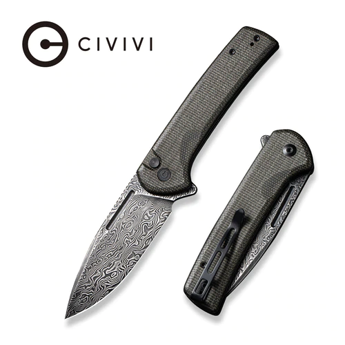 C21006-DS1_Conspirator_500x CIVIVI Conspirator Pocket Knife with Button Lock and Flipper Opener Dark Green Micarta Handle (3.47'' Black Hand Rubbed Damascus) C21006-DS1 - Image 1