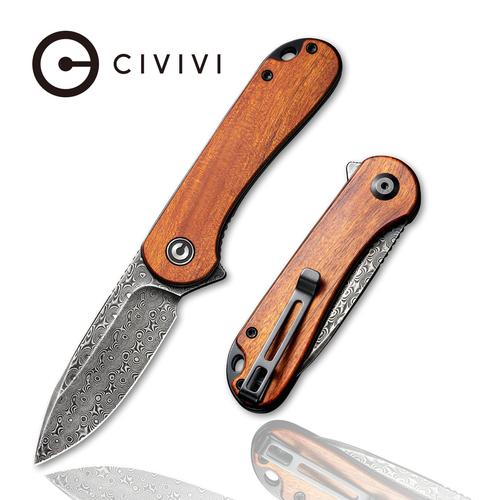 CIVIVI Elementum Flipper Knife Cuibourtia Wood Handle (2.96" Black Hand Rubbed Damascus) C907DS-2