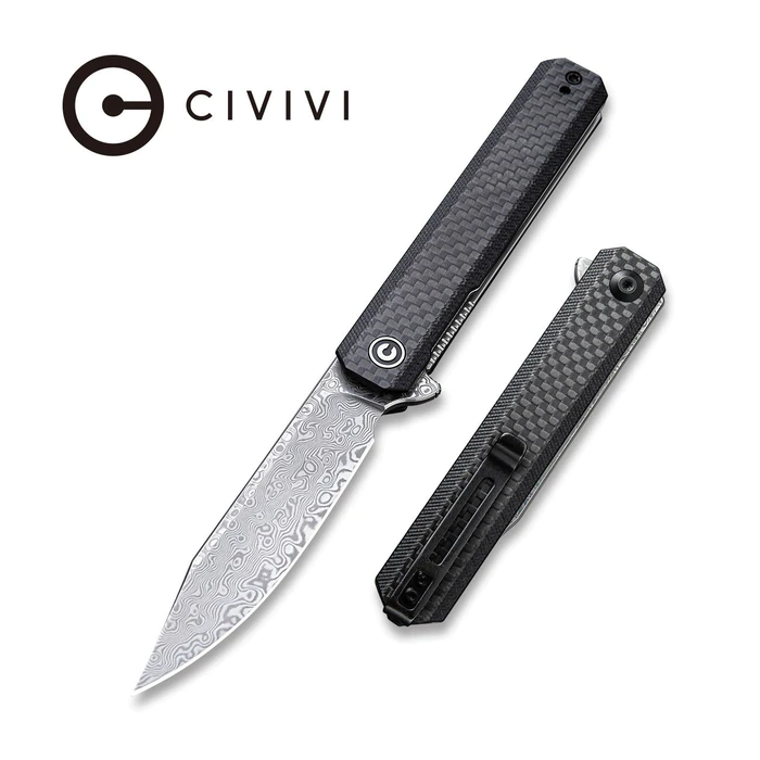 CIVIVI Chronic Flipper Knife Twill Carbon Fibre Overlay On Black G10 Handle (3.22'' Damascus) - C917DS