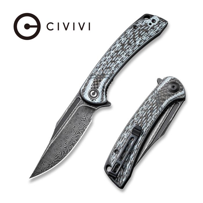CIVIVI Dogma Flipper Knife Layered White G10 and Carbon Fiber Handle (3.46" Black Hand Rubbed Damascus) C2014DS-1