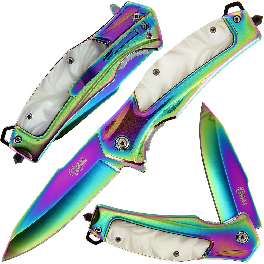 Golan White Pearl & Rainbow Lock Knife - GOL-561WP