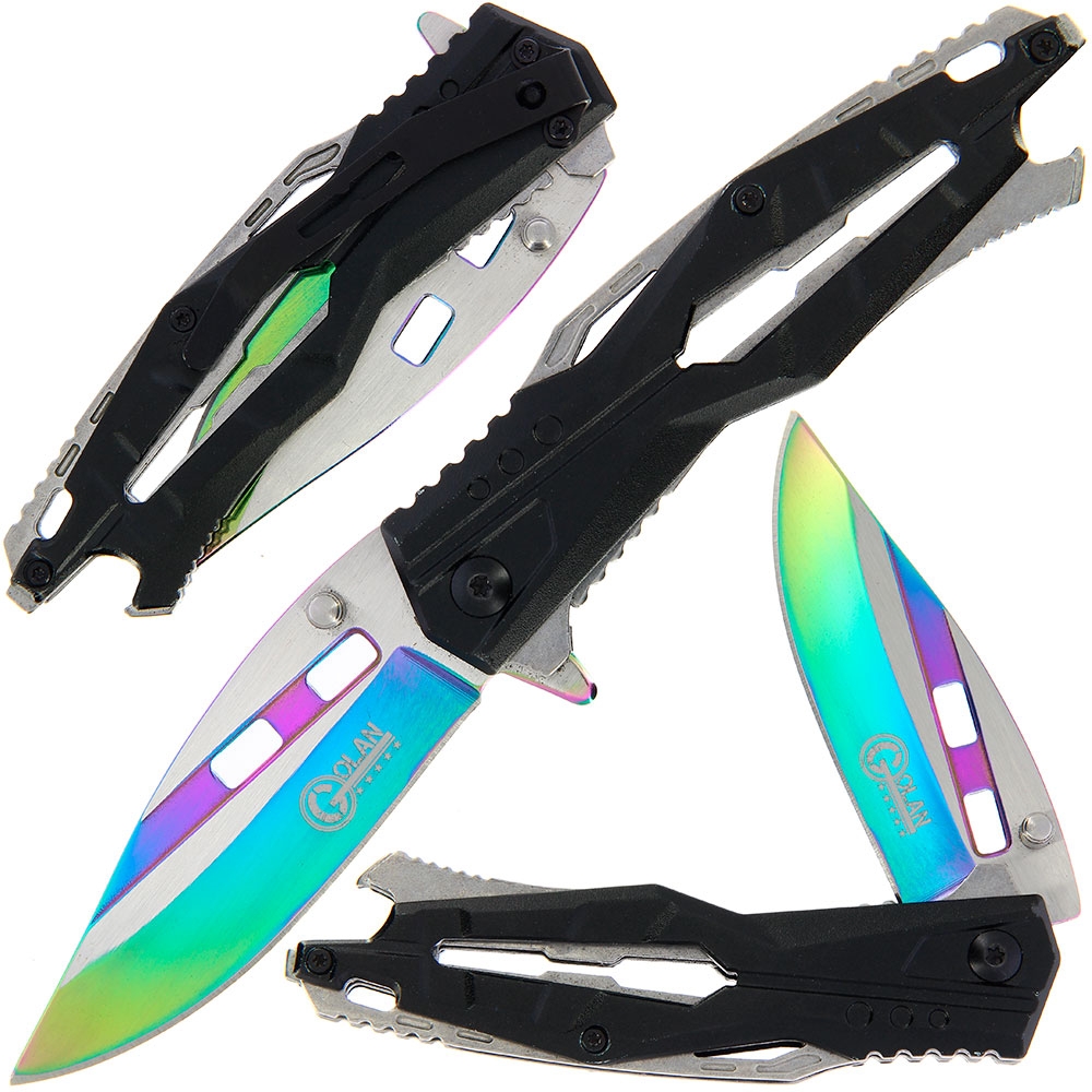 GOL-771-RB Golan Steel and Black / Rainbow Folding Knife - Bottle Opener - GOL-771-RB - Image 1