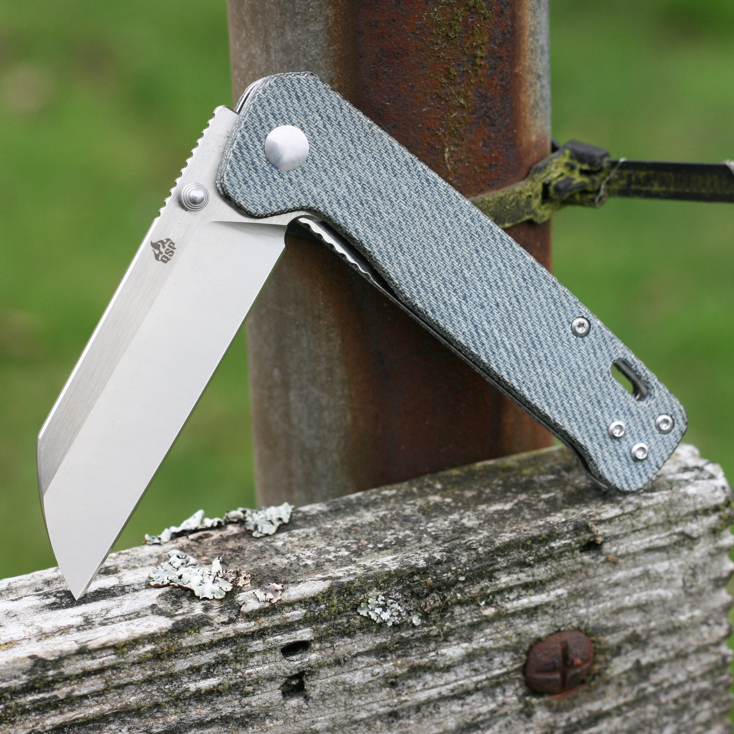 IMG_1786 (2) QSP Knives Penguin Folding Knife 3.06" D2 Sheepsfoot Blade, Blue Jean Micarta Handles - QS130-B - Image 1