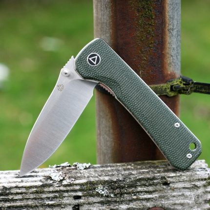 QSP Knives Hawk Flipper Knife 3.25" Sandvik 14C28N Satin Drop Point Blade, Green Micarta Handles - QS131-H