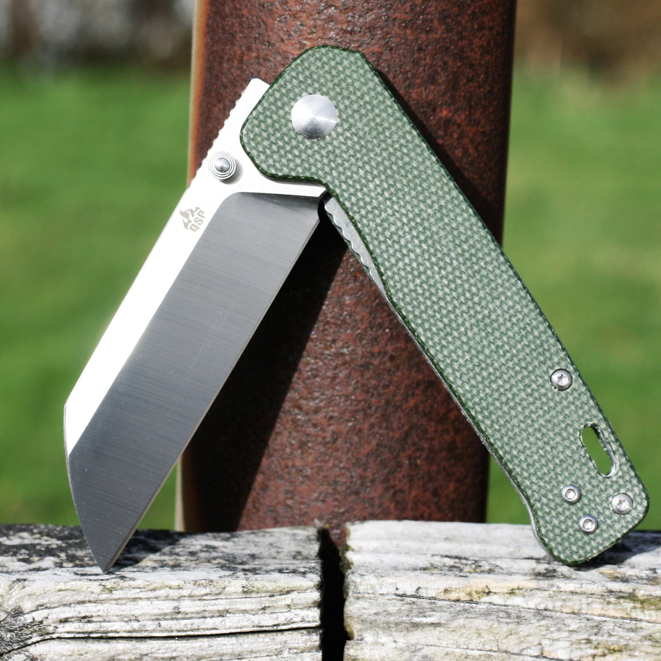 QSP Knives Penguin Folding Knife 3.06" D2 Sheepsfoot Blade, OD Green Linen Micarta Handles - QS130-C