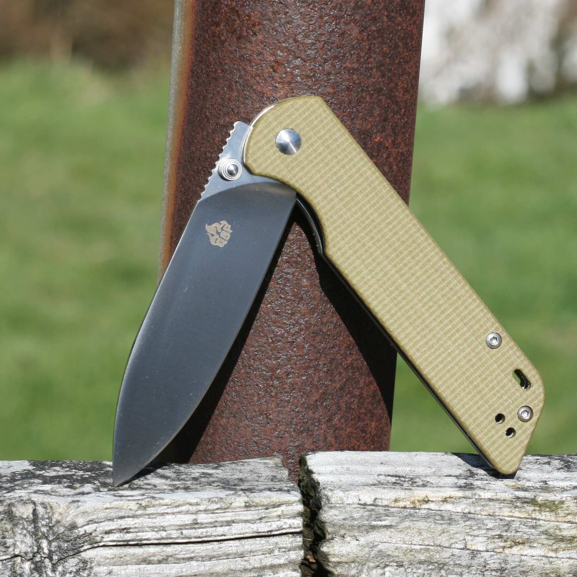 QSP EDC Folding Pocket Knfe, D2 Blade, 4" Micarta Handle, Left and Right Handed Thumb Stub Opening, Smooth Liner Lock with Copper Washes, QSP Parrot (green micarta)