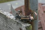 Defcon Knives Raptor Karambit Flipper 2.83" S35VN Satin Hawkbill Blade, Stonewashed Bronze Titanium Handles w/ Marbled Carbon Fiber Inserts - TF5221-2 - Image 7