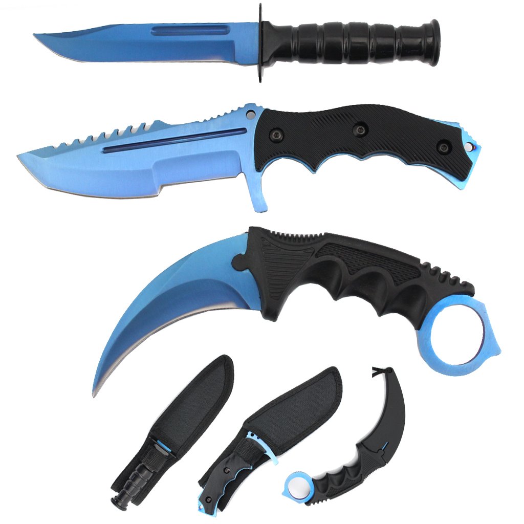 3pc Tactical Knife Set 7.5″ Karambit 7.5″ Dagger 8.5″ Hunting Knife/ Blue Version. Comes with nylon sheath