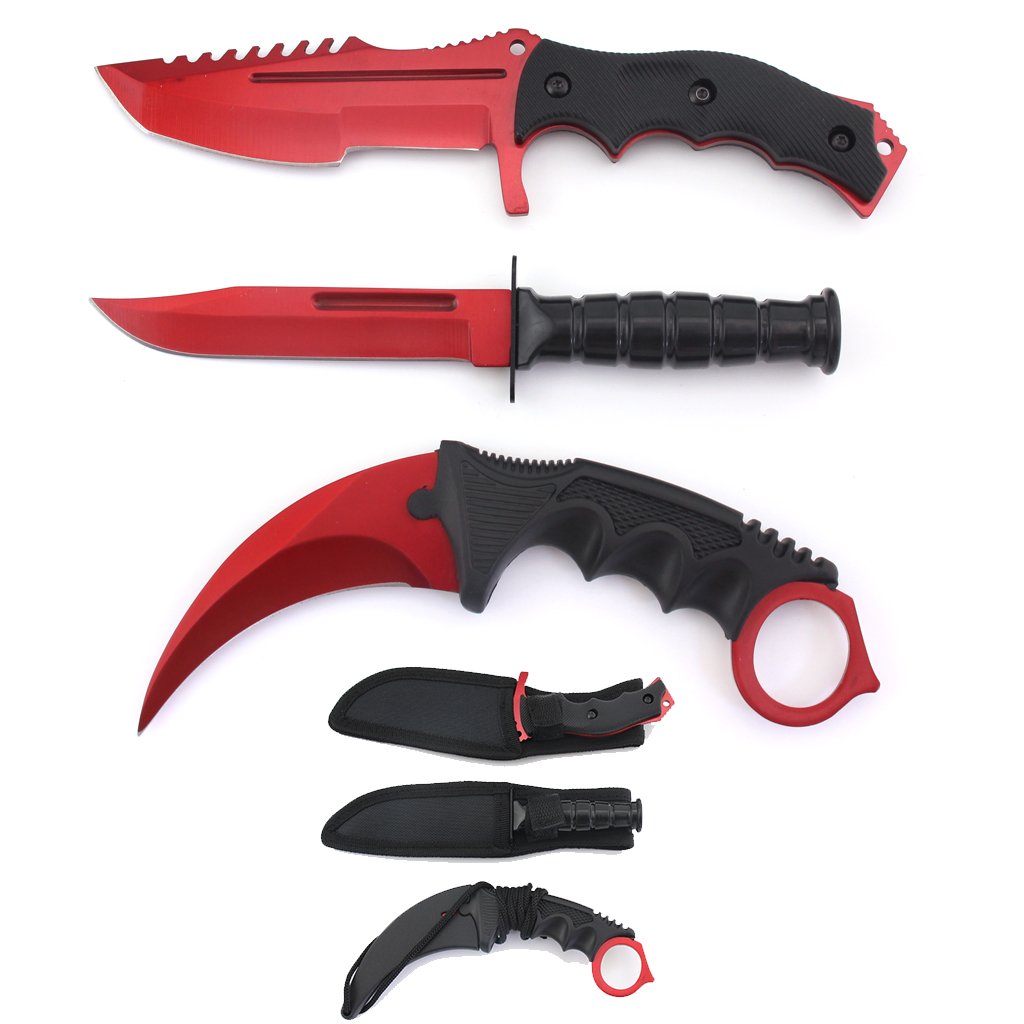 3pc Tactical Knife Set 7.5″ Karambit 7.5″ Dagger 8.5″ Hunting Knife/ RED Version. Comes with nylon sheath