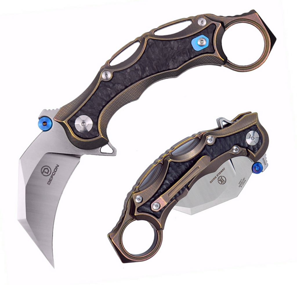 TF52212_22 Defcon Knives Raptor Karambit Flipper 2.83" S35VN Satin Hawkbill Blade, Stonewashed Bronze Titanium Handles w/ Marbled Carbon Fiber Inserts - TF5221-2 - Image 1