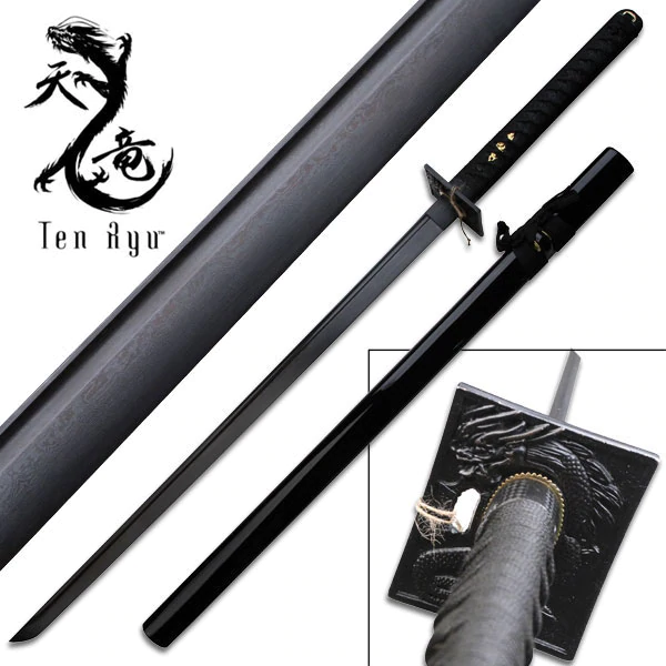 Ten Ryu Hand Forged Ninja / Shinobi Sword High Carbon Damascus Steel Blade - BLACKOUT VERSION - TR-017BD