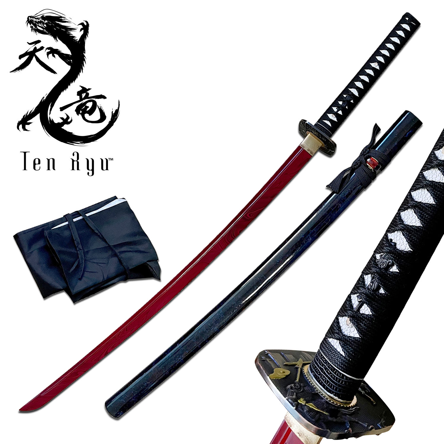 TEN RYU Carbon Steel Golden Edition Katana Red Blade with Black Splash Scabbard - Samurai Sword TR -115