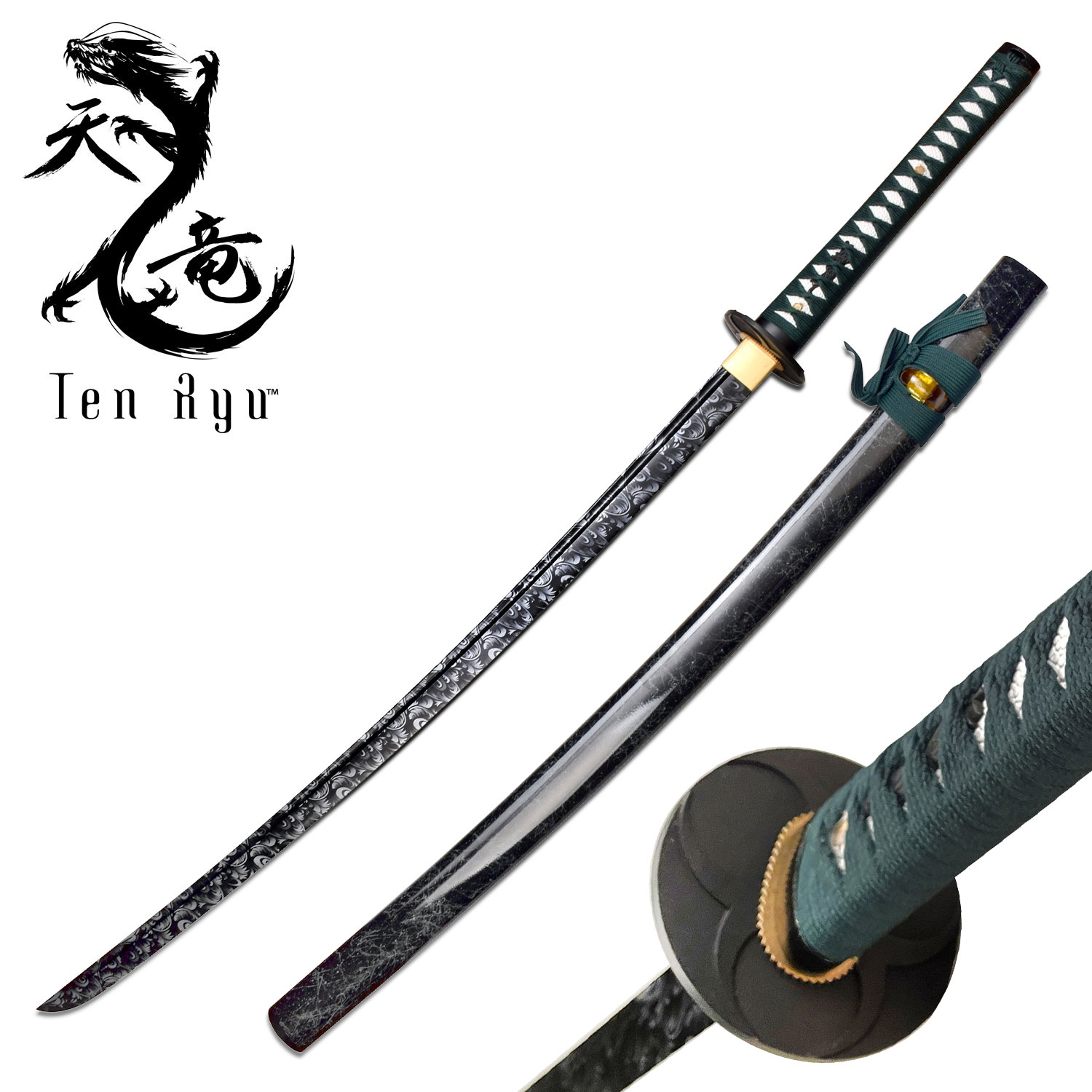 TR-116 TEN RYU Carbon Steel Golden Edition Katana with Black & Green Scabbard - Samurai Sword TR-116 - Image 1