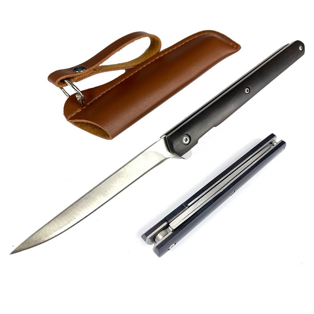 S-TEC 8.5″ ball bearing folding knife w/brown leather sheath black wood handle - TS021BK-1