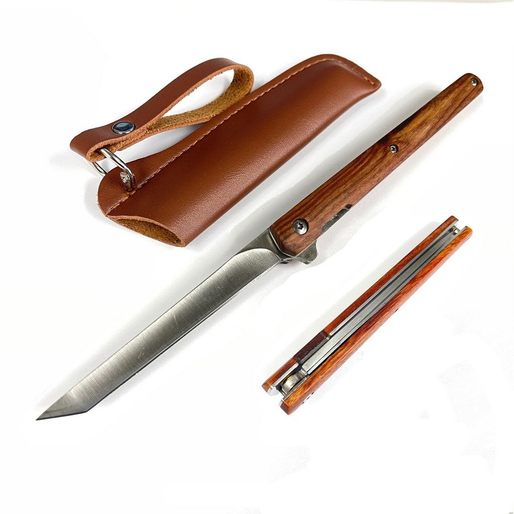 S-TEC 8.5″ ball bearing folding knife w/brown leather sheath black wood handle - TS021RD-2