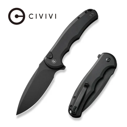 CIVIVI Button Lock Praxis Flipper Knife Black Aluminum Handle (3.75" Black Stonewashed Nitro-V Blade) C18026E- 1