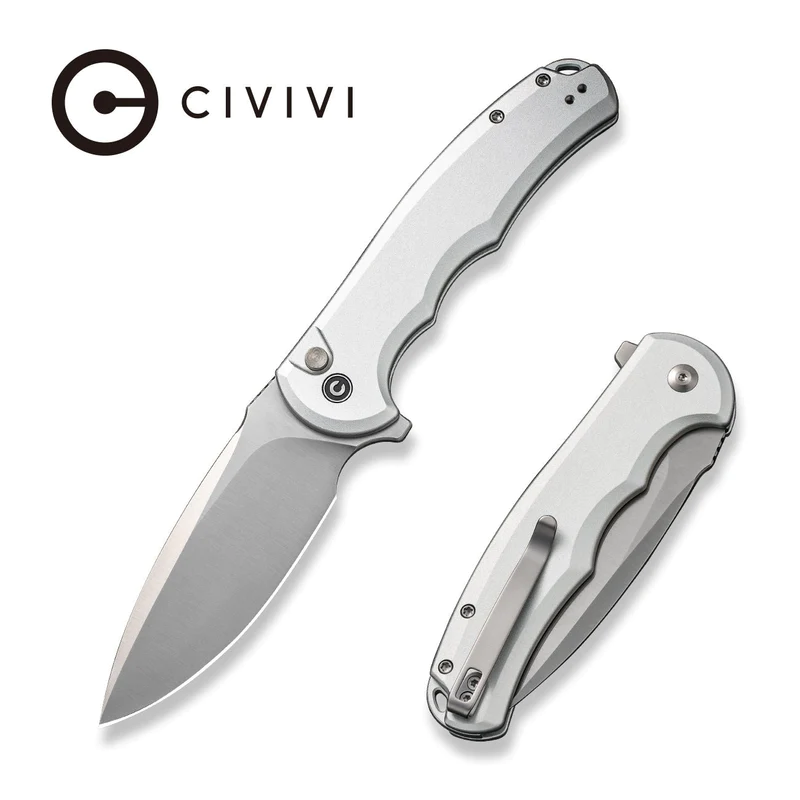 CIVIVI Button Lock Praxis Flipper Knife Silver Aluminum Handle (3.75" Satin Finished Nitro-V Blade) C18026E-2