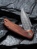 CIVIVI Pintail Flipper Knife - Cuibourtia wood Handle (2.98" Black Hand Rubbed Damascus Blade) C 2020DS-2 - Image 10