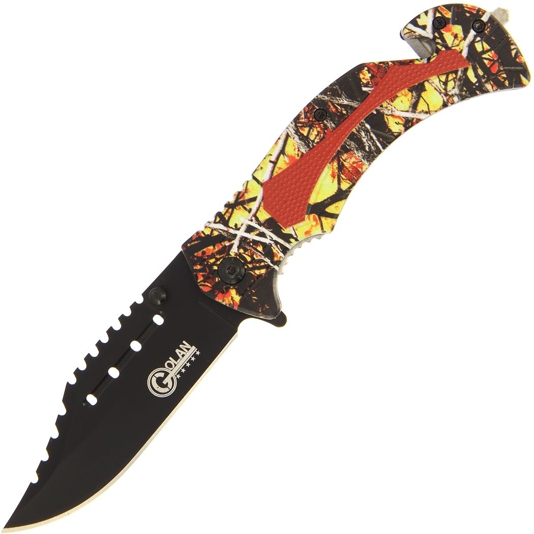 gol-536yl-0021 Folding Knife with China Yellow Camo Handle W/ Glass Breaker & Belt Cutter - GOL-536YL - Image 1