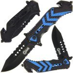 Folding Knife with Blue and Black Handle W/ Glass Breaker & Belt Cutter - 543-BL