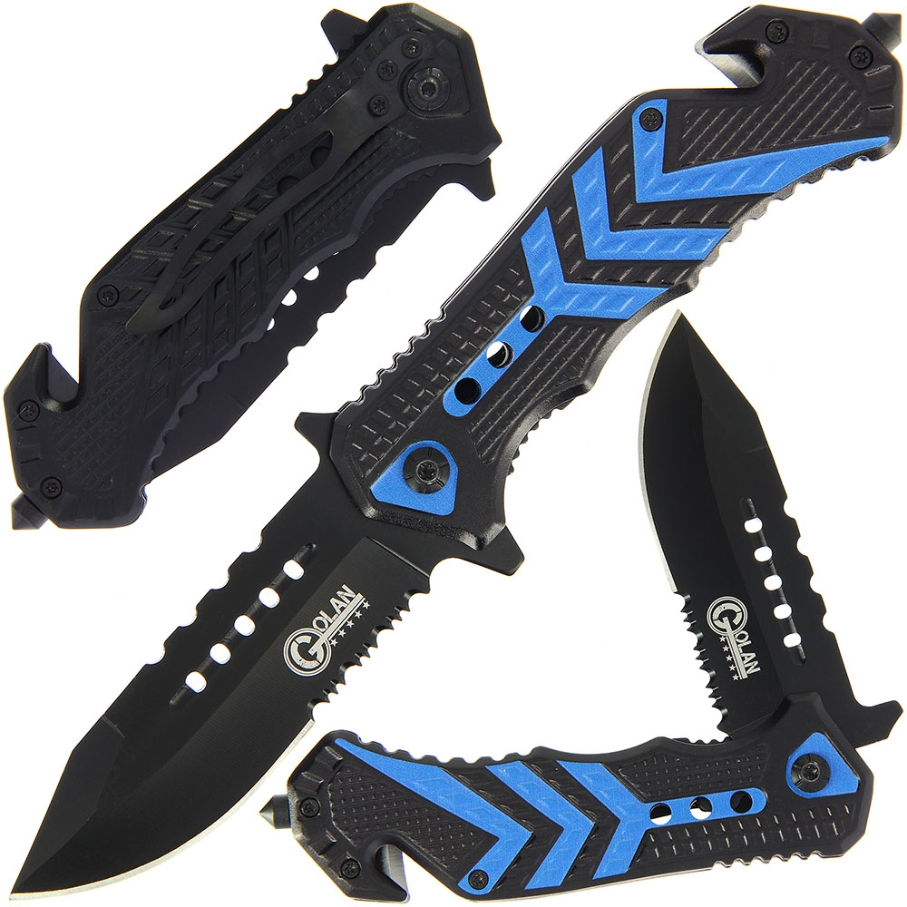 Folding Knife with Blue and Black Handle W/ Glass Breaker & Belt Cutter - 543-BL