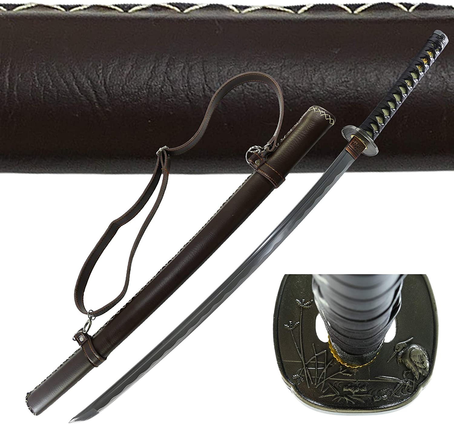 Tactical Hand Forged 41? 1045 Carbon Steel Samurai Sword with Brown Leather Sheath w/ Shoulder Strap - T64019
