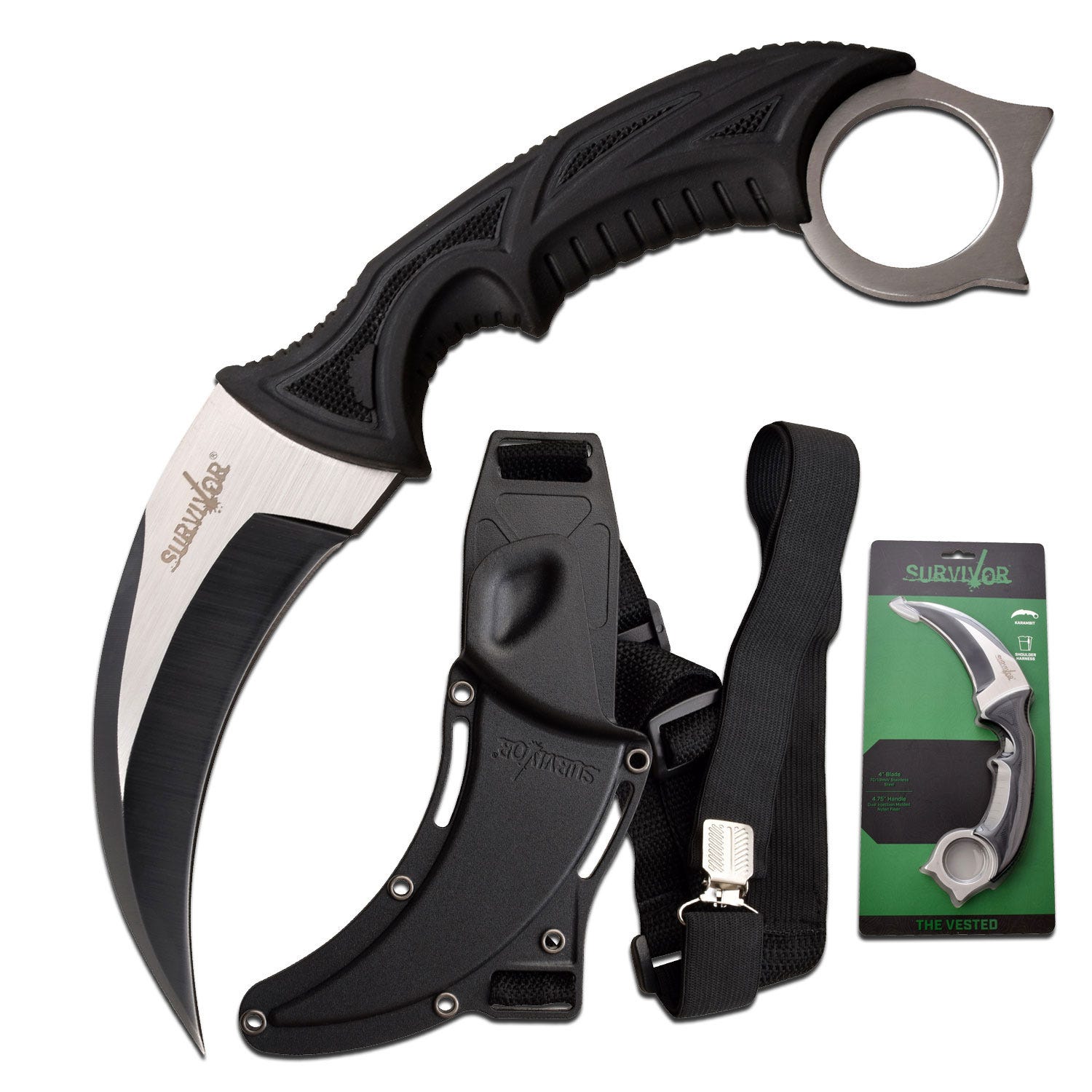sv-fix014cs_00main_3mk7mixnveuw2mqr Survivor The Vested Tactical Karambit -7Cr13MoV Steel - Nylon Sheath W/ Shoulder Harness - SV-FIX014CS - Image 1