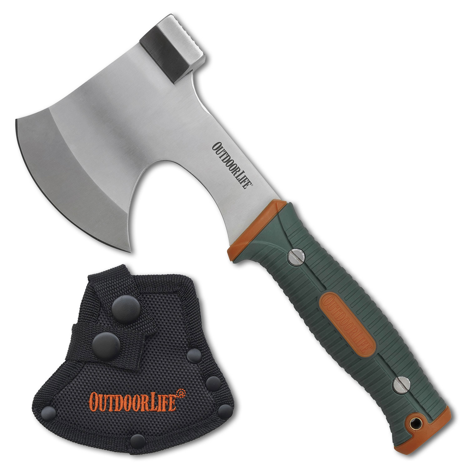vjxhablgjdztalkukaug_n1jiejm4eofjia2o Outdoor Life Camp Axe - 3-inch Satin Finish Stainless Steel Blade with Hammer Head, Dual Injection Molded Nylon Fiber Handle, Full Tang, Reinforced Nylon Sheath – OL-AXE001OGN - Image 1