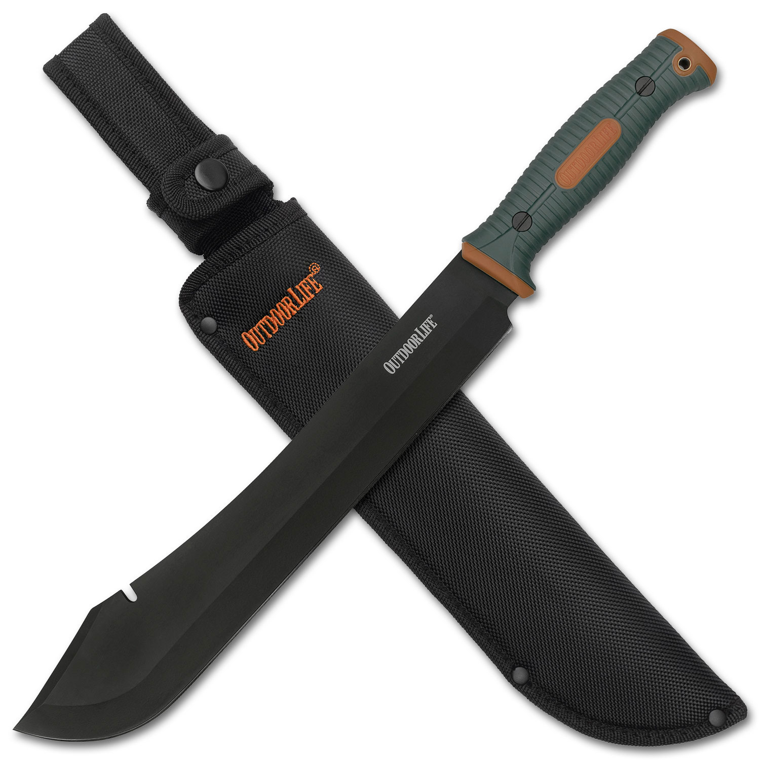 27616f2dad8af9be9ef064ecc9caee8d.w2800.h1867._CR0 Outdoor Life Camping Machete - Black Blade with Orange & Green Nylon Fiber Handle, Full Tang, Reinforced Nylon Sheath - Hunting, Camping, Outdoor, Survival - OL-MHT001OGN - Image 1