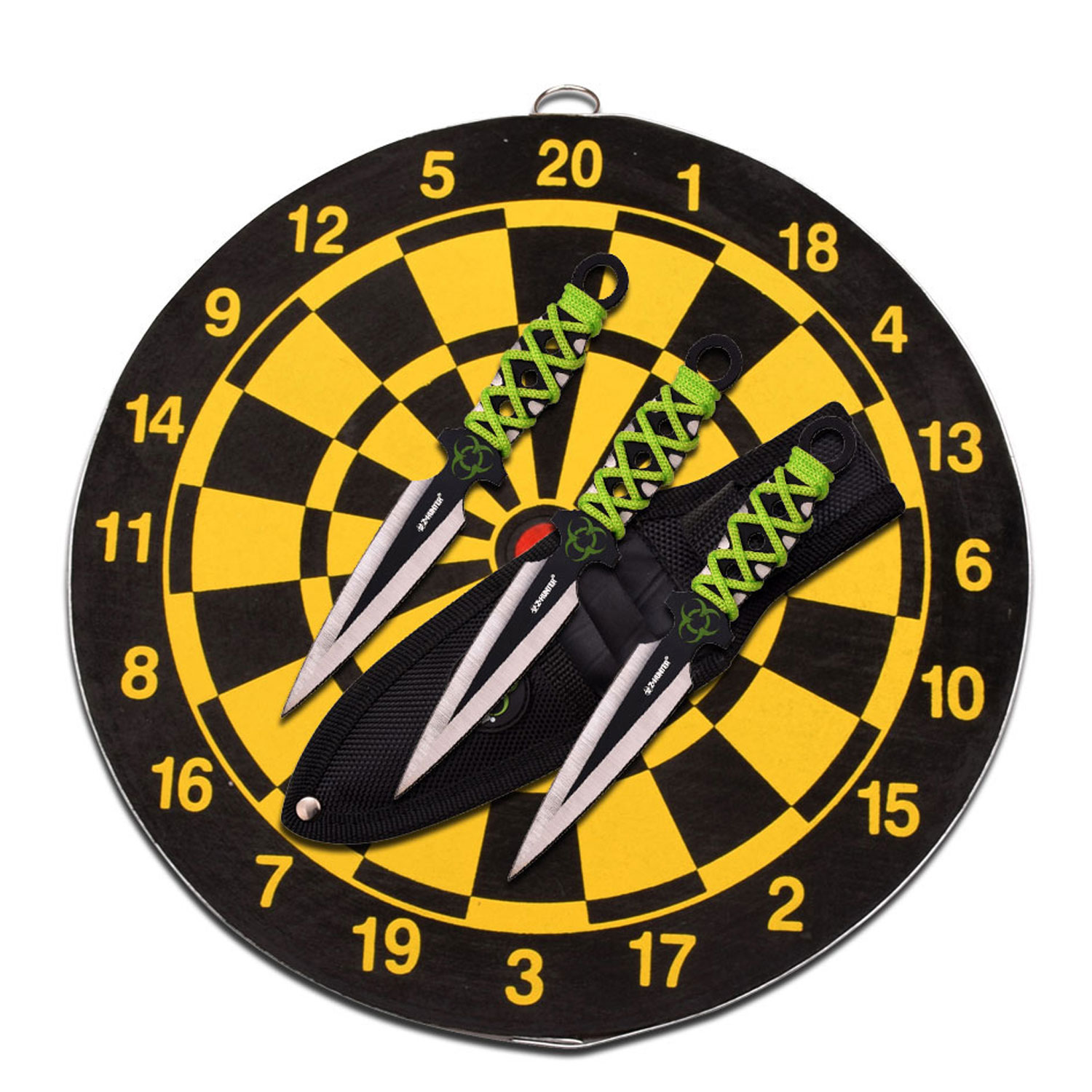 ypwzglppeyddyalcr868_opik6bztp4ju6m8d (1) Z-Hunter Throwing Knife Set and Target Board - Set of 3 Knives, Black/Satin Steel Blades w/Bio Hazard Graphic, Green Cord Wrapped Handles, Full Tang, Target Board and Nylon Sheath - ZB-155SET - Image 1
